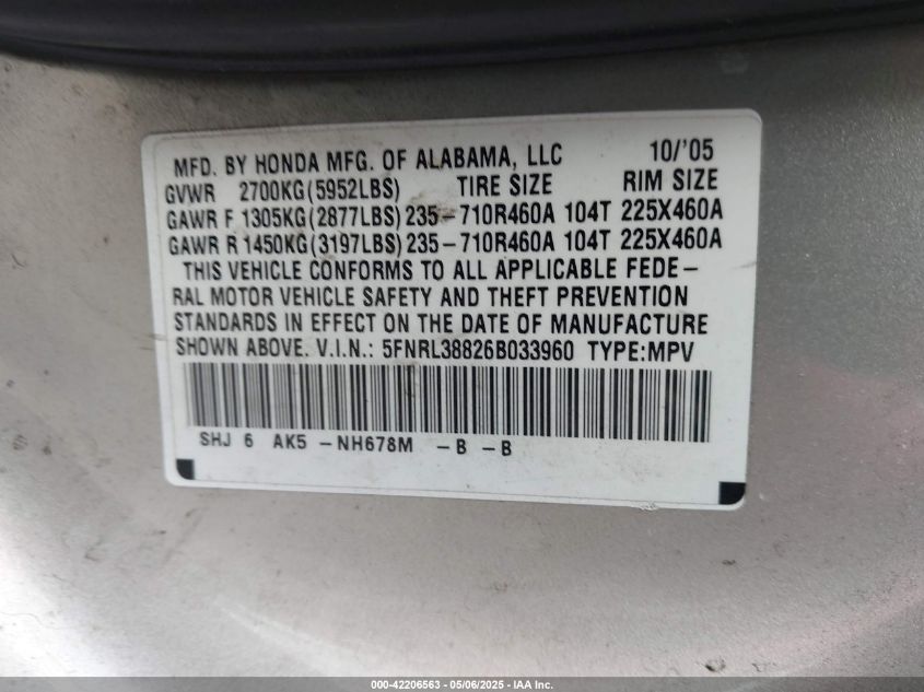 2006 Honda Odyssey Touring VIN: 5FNRL38826B033960 Lot: 42206563