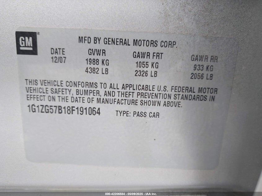 2008 CHEVROLET MALIBU VIN: 1G1ZG57B18F191064