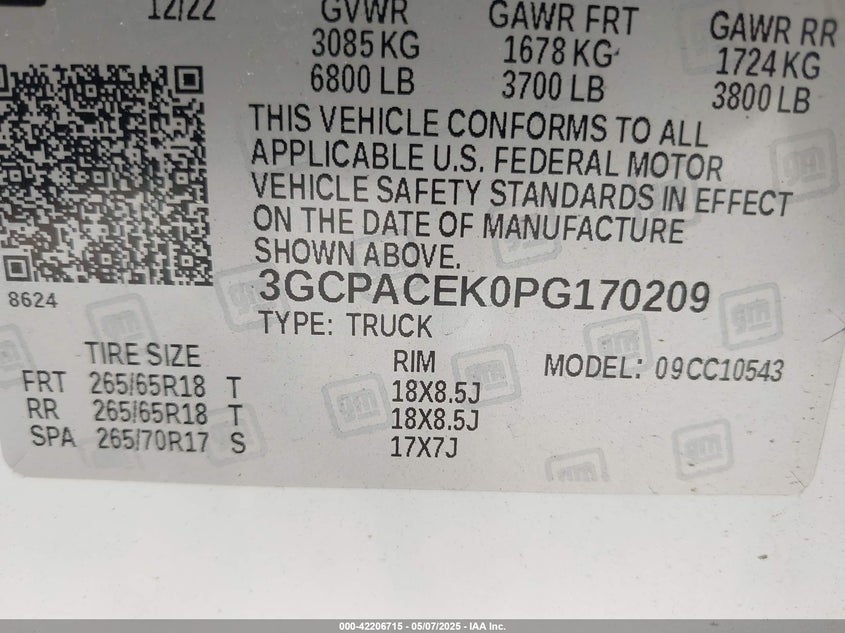 2023 CHEVROLET SILVERADO 1500 VIN: 3GCPACEK0PG170209