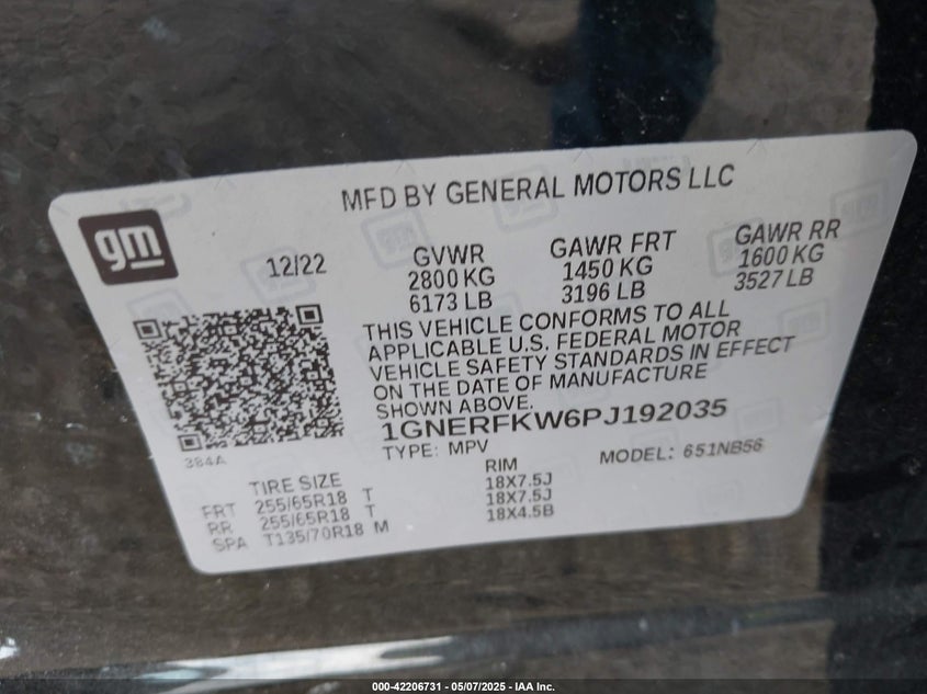 2023 CHEVROLET TRAVERSE VIN: 1GNERFKW6PJ192035