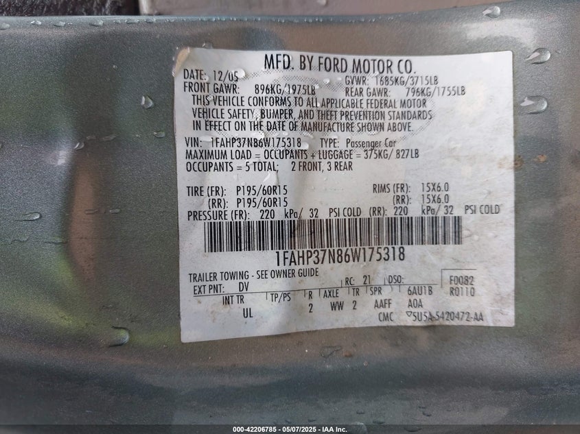 2006 FORD FOCUS VIN: 1FAHP37N86W175318