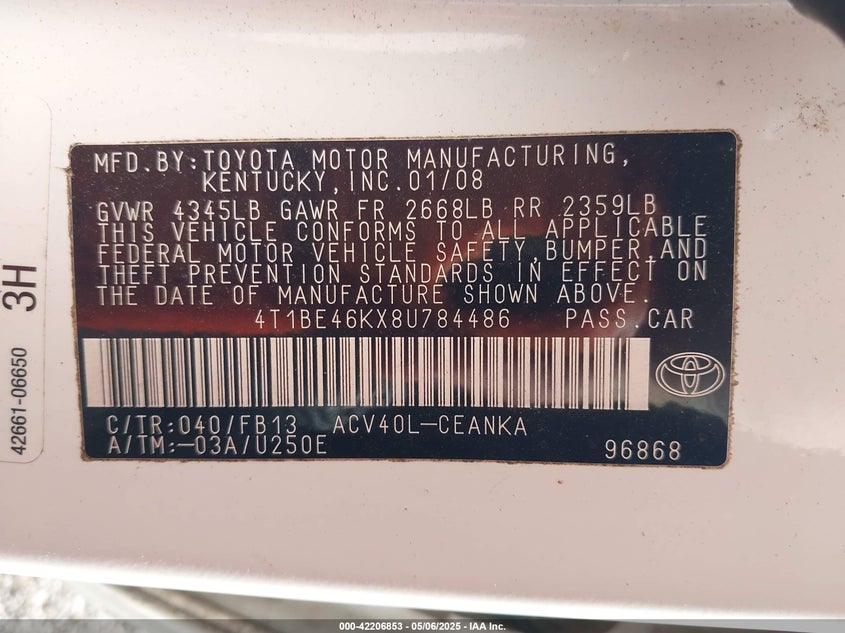 2008 Toyota Camry Le VIN: 4T1BE46KX8U784486 Lot: 42206853