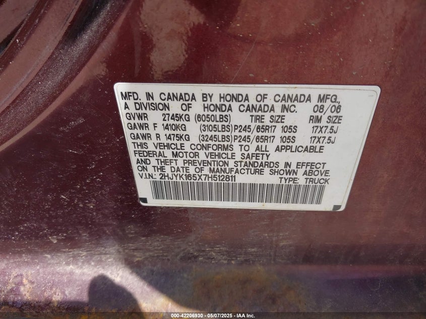 2007 HONDA RIDGELINE VIN: 2HJYK165X7H512811