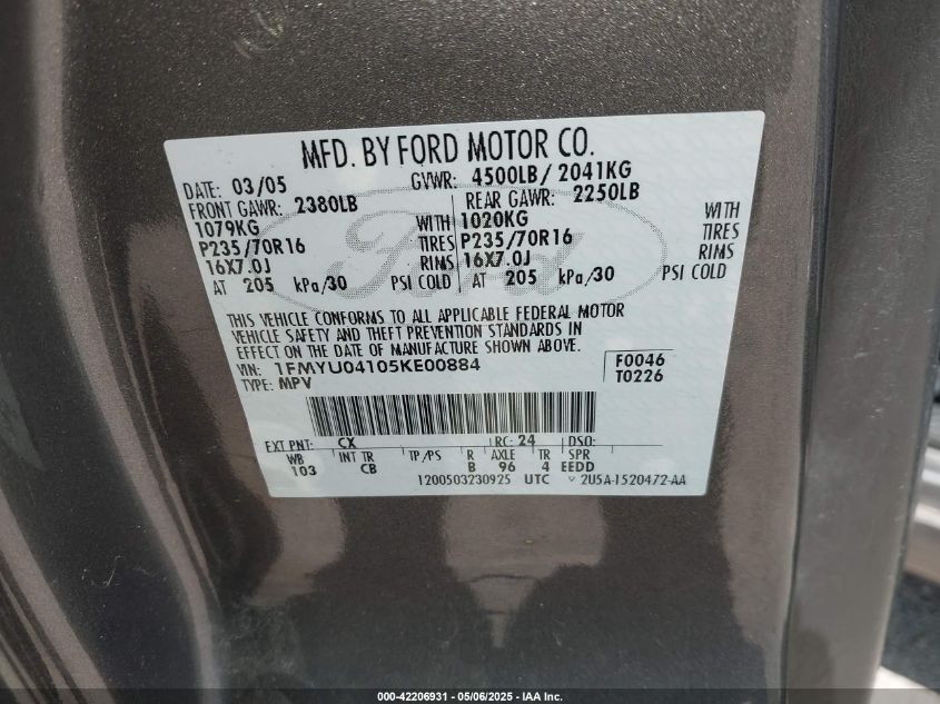 2005 Ford Escape Limited VIN: 1FMYU04105KE00884 Lot: 42206931