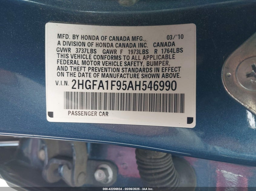 2010 HONDA CIVIC VIN: 2HGFA1F95AH546990