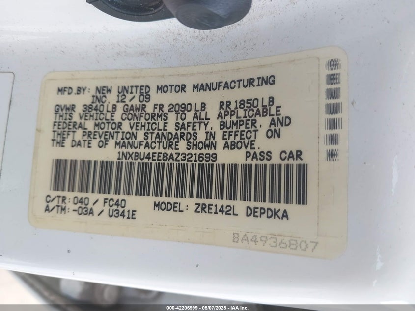 2010 TOYOTA COROLLA VIN: 1NXBU4EE8AZ321699
