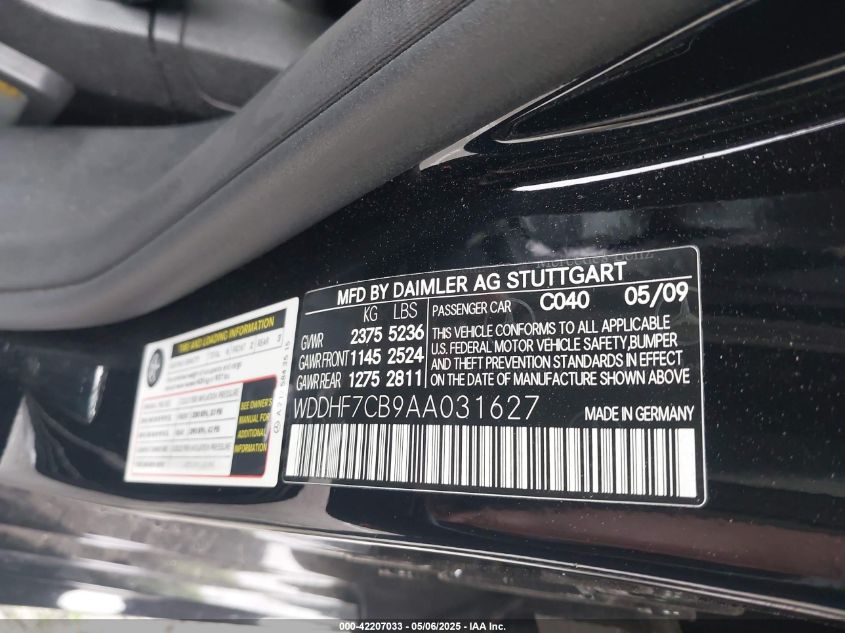 2010 Mercedes-Benz E 550 VIN: WDDHF7CB9AA031627 Lot: 42207033