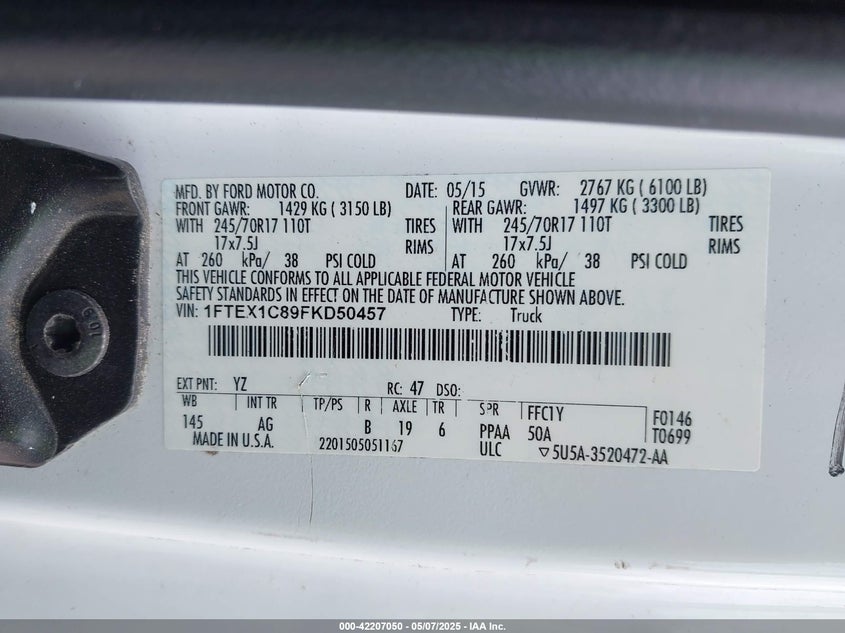 2015 FORD F-150 VIN: 1FTEX1C89FKD50457