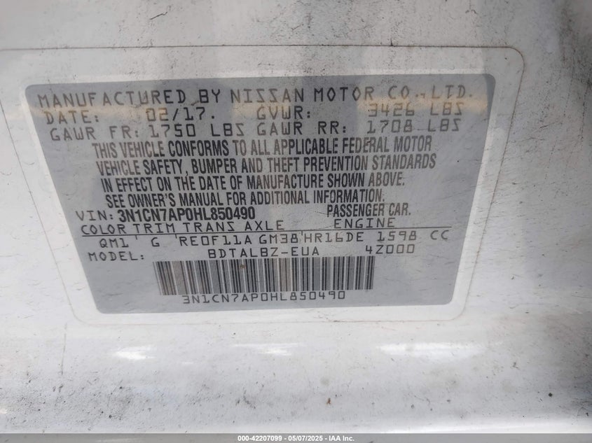 2017 NISSAN VERSA 1.6 SV - 3N1CN7AP0HL850490