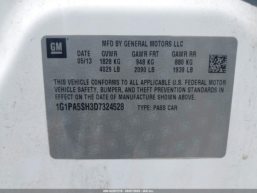 2013 CHEVROLET CRUZE VIN: 1G1PA5SH3D7324528