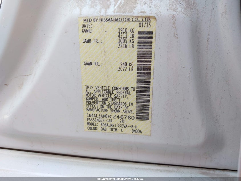 2015 NISSAN ALTIMA VIN: 1N4AL3AP0FC246780