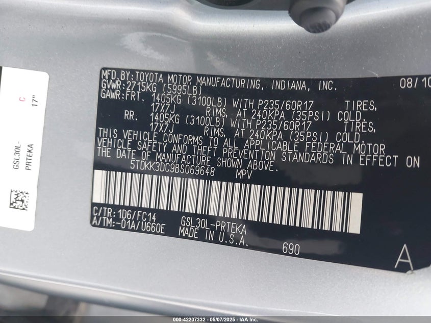 2011 TOYOTA SIENNA VIN: 5TDKK3DC9BS069648
