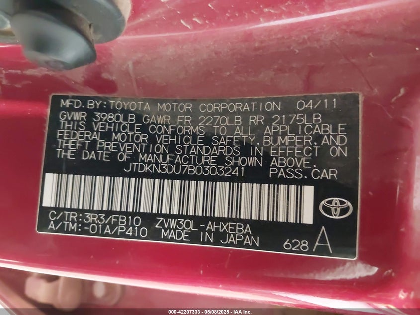2011 TOYOTA PRIUS VIN: JTDKN3DU7B0303241