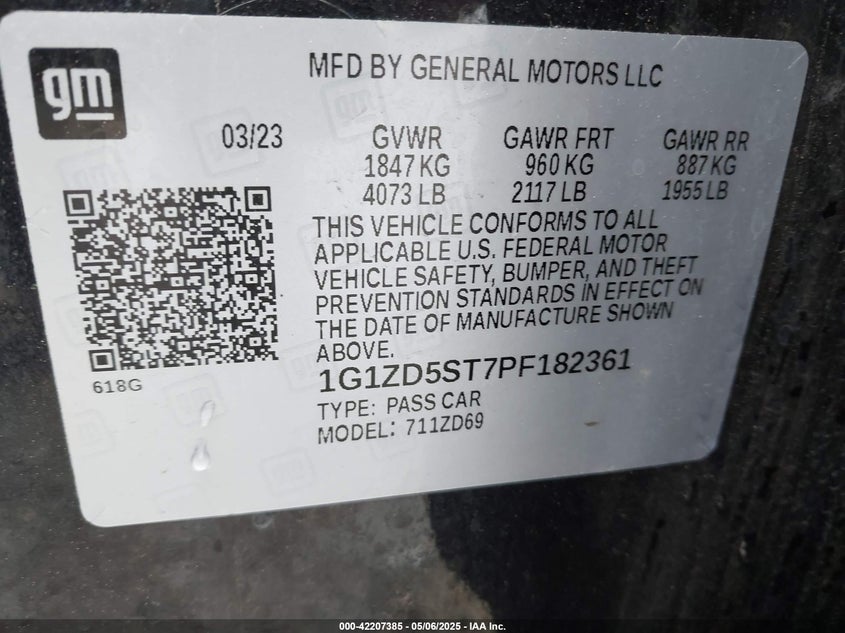 2023 CHEVROLET MALIBU VIN: 1G1ZD5ST7PF182361