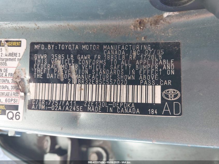 2005 Toyota Corolla Ce VIN: 2T1BR32E85C557020 Lot: 42207454