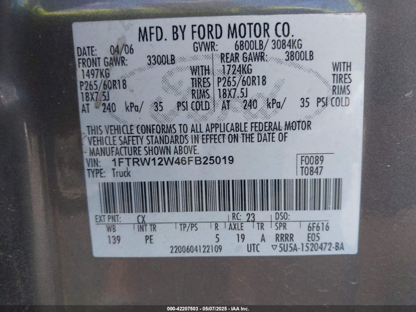 2006 Ford F-150 Xlt VIN: 1FTRW12W46FB25019 Lot: 42207503