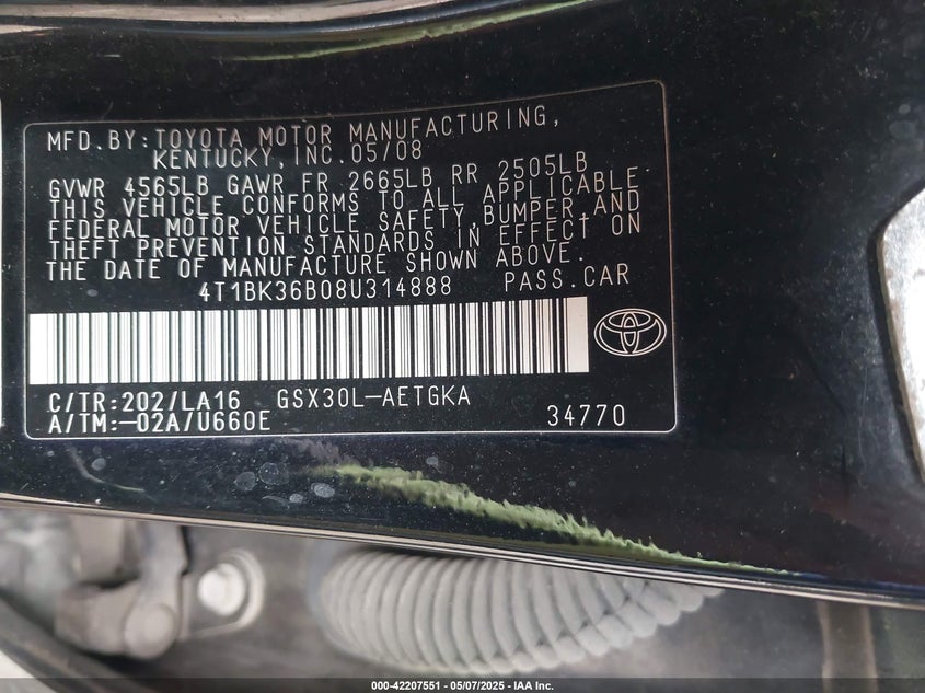2008 TOYOTA AVALON VIN: 4T1BK36B08U314888
