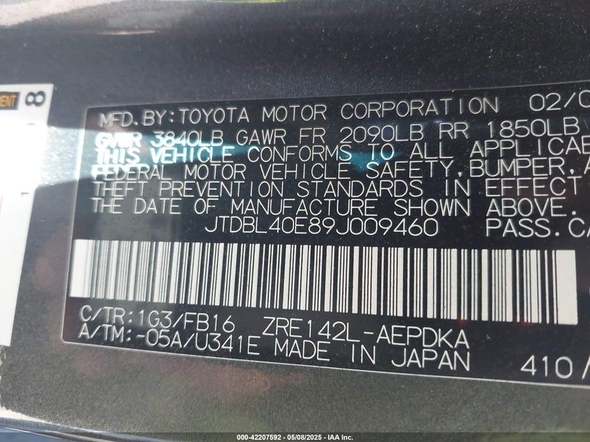 2009 TOYOTA COROLLA VIN: JTDBL40E89J009460