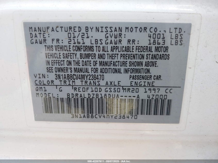 2021 NISSAN SENTRA VIN: 3N1AB8CV4MY238470