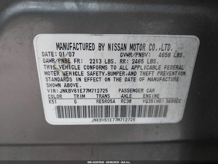 2007 INFINITI G35 VIN: JNKBV61E77M712725