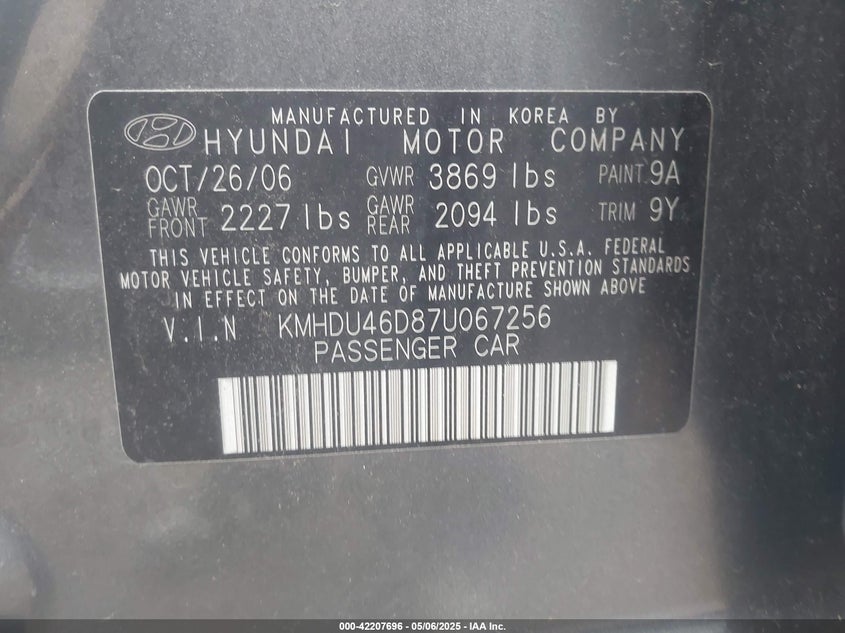 2007 HYUNDAI ELANTRA VIN: KMHDU46D87U067256