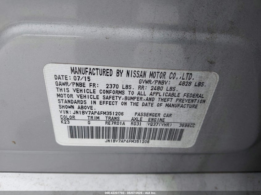 2015 INFINITI Q50 VIN: JN1BV7AP4FM351206
