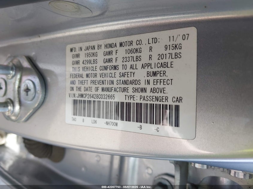 2008 HONDA ACCORD VIN: JHMCP26428C032665