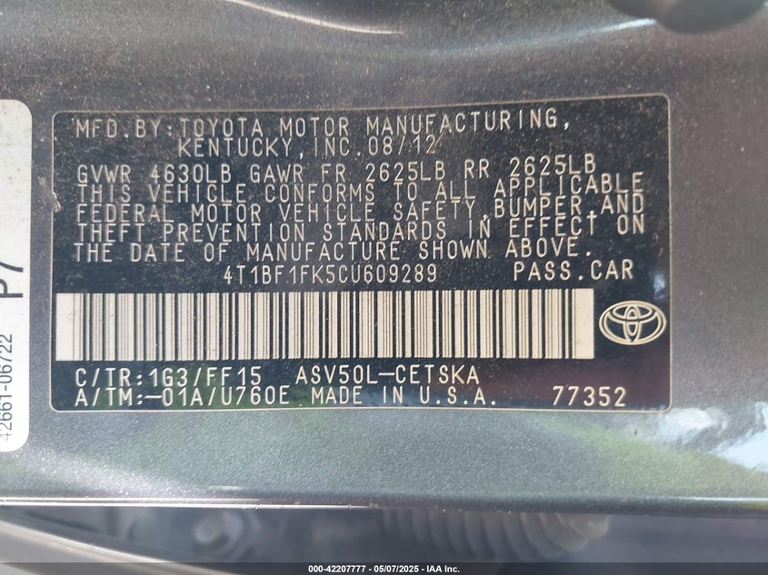 2012 TOYOTA CAMRY VIN: 4T1BF1FK5CU609289