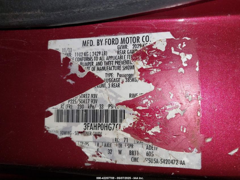 2012 Ford Fusion Se VIN: 3FAHP0HG7CR238213 Lot: 42207789