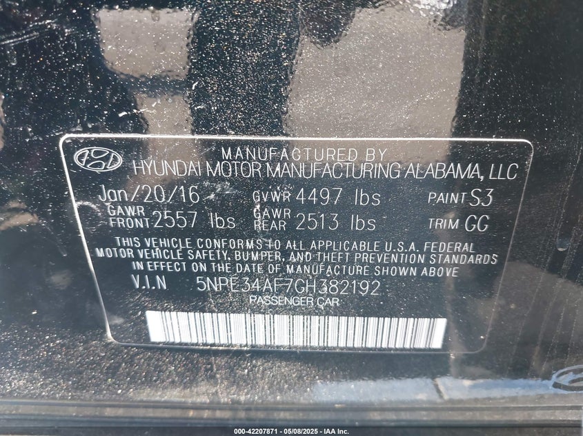 2016 HYUNDAI SONATA VIN: 5NPE34AF7GH382192