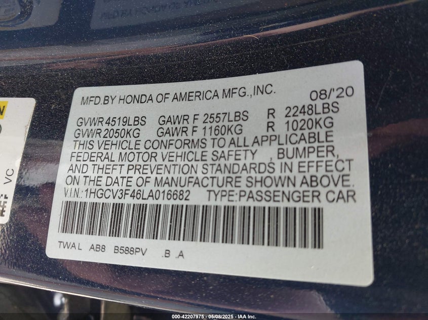 VIN 1HGCV3F46LA016682 2020 HONDA ACCORD HYBRID EX