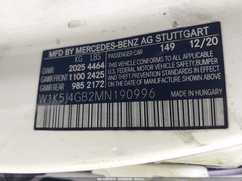 2021 MERCEDES-BENZ CLA 250 VIN: W1K5J4GB2MN190996