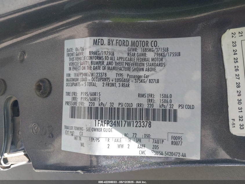 2007 FORD FOCUS VIN: 1FAFP34N17W123378