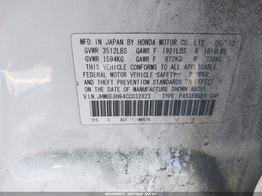 2012 HONDA FIT VIN: JHMGE8H54CC032823