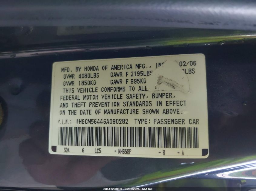 2006 Honda Accord 2.4 Lx VIN: 1HGCM56446A090282 Lot: 42208080