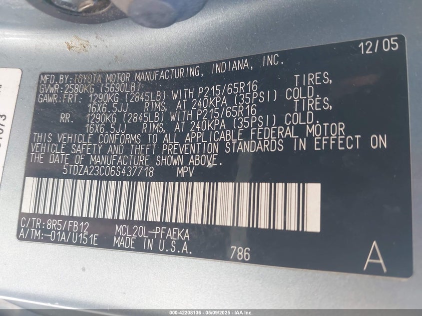 2006 TOYOTA SIENNA VIN: 5TDZA23C06S437718