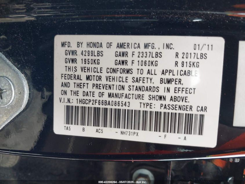 2011 Honda Accord 2.4 Se VIN: 1HGCP2F66BA086543 Lot: 42208264