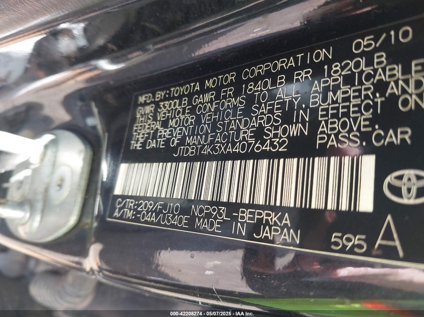 2010 TOYOTA YARIS VIN: JTDBT4K3XA4076432