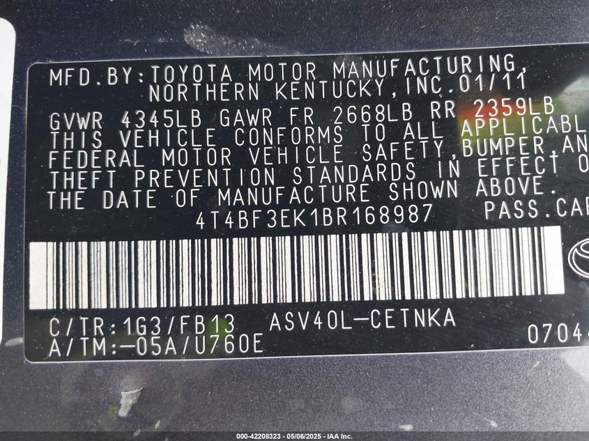 2011 TOYOTA CAMRY VIN: 4T4BF3EK1BR168987