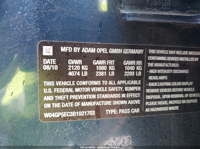 2011 BUICK REGAL VIN: W04GP5EC3B1021703