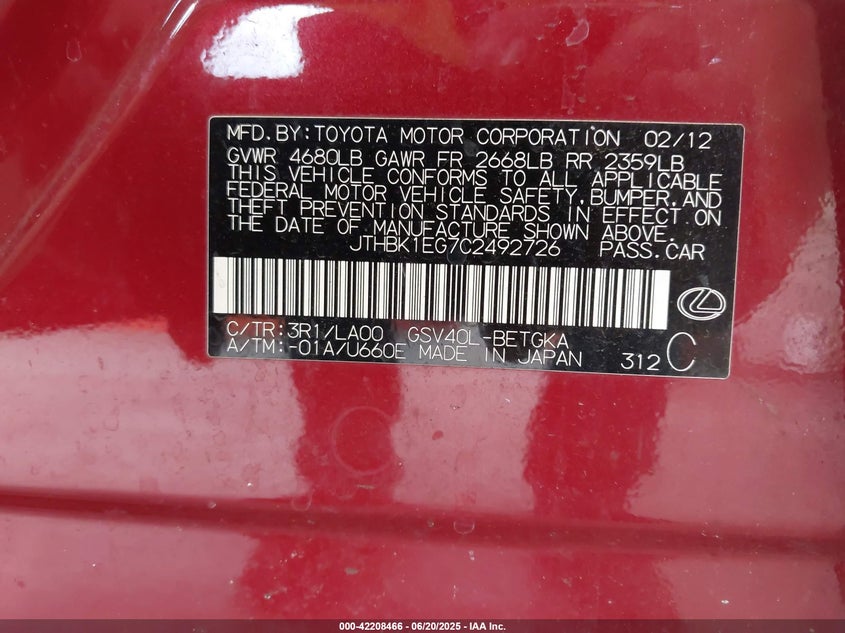 2012 LEXUS ES 350 VIN: JTHBK1EG7C2492726