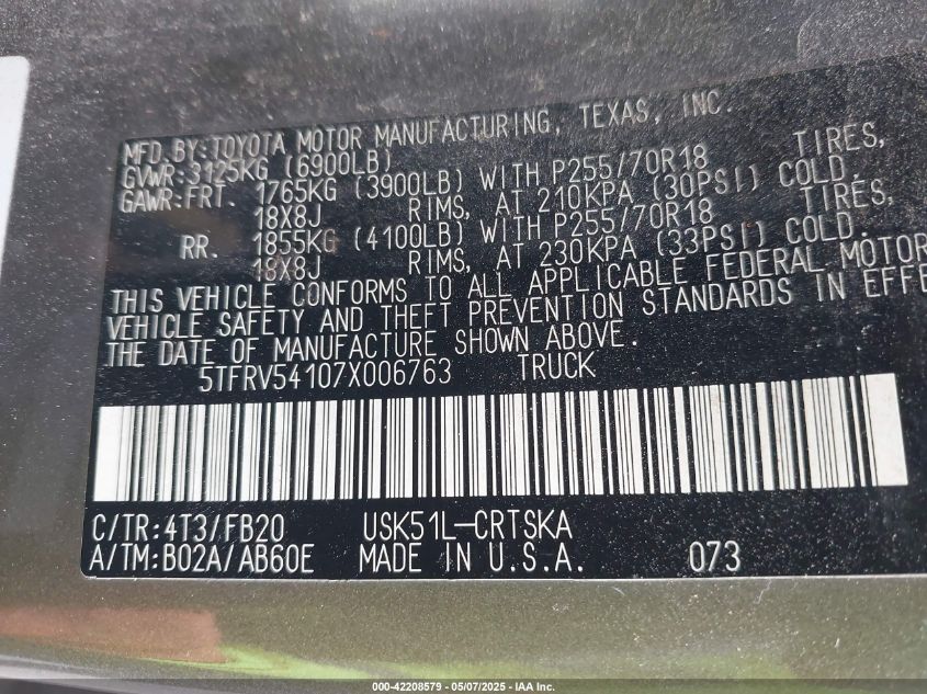 2007 Toyota Tundra Sr5 V8 VIN: 5TFRV54107X006763 Lot: 42208579