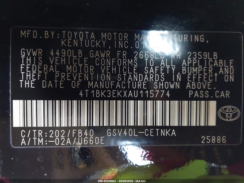 2010 TOYOTA CAMRY VIN: 4T1BK3EKXAU115774