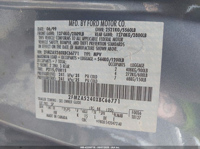 1999 Ford Windstar Se VIN: 2FMZA5240XBC66771 Lot: 42208716