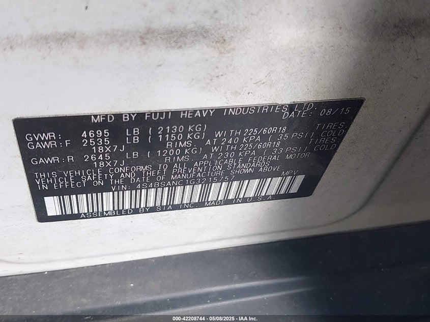 2016 SUBARU OUTBACK 2.5I LIMITED - 4S4BSANC1G3215757