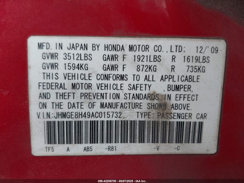 2010 Honda Fit Sport VIN: JHMGE8H49AC015732 Lot: 42208750