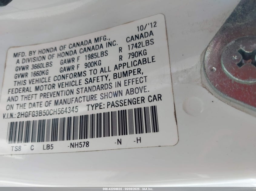 2012 HONDA CIVIC VIN: 2HGFG3B50CH564345