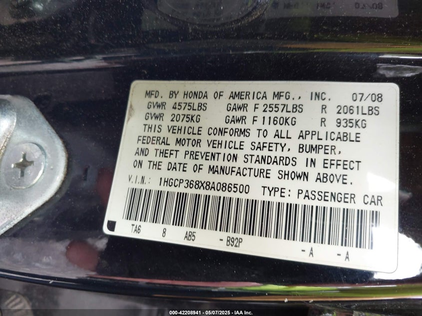 2008 HONDA ACCORD VIN: 1HGCP368X8A086500