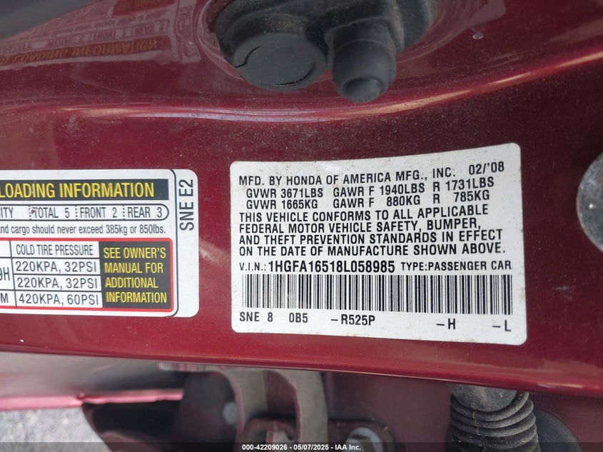 2008 HONDA CIVIC VIN: 1HGFA16518L058985
