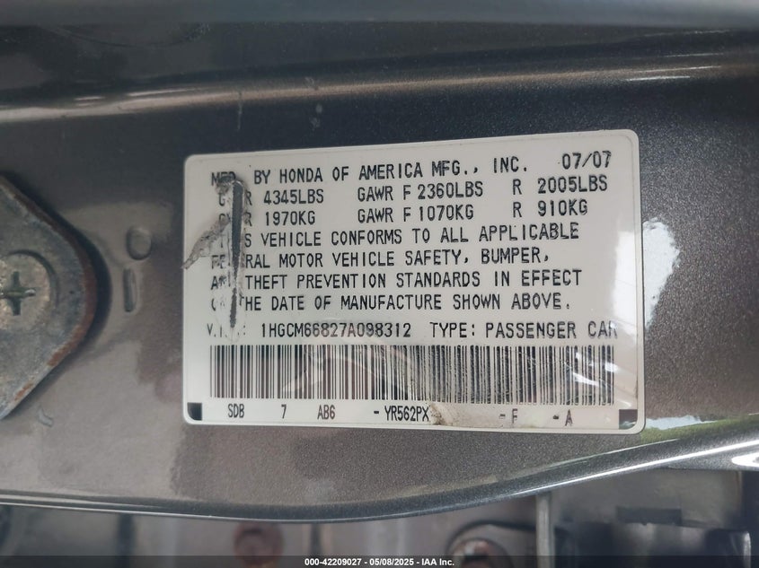 2007 HONDA ACCORD VIN: 1HGCM66827A098312